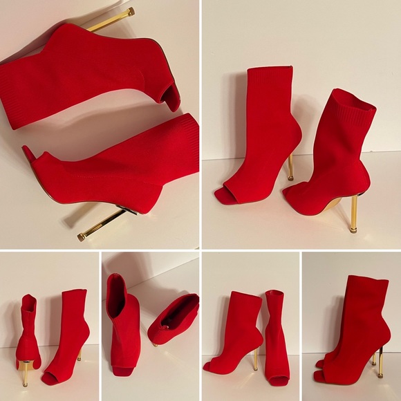 Golden Heel Open Toe Ankle Boots, Red - Picture 3 of 10